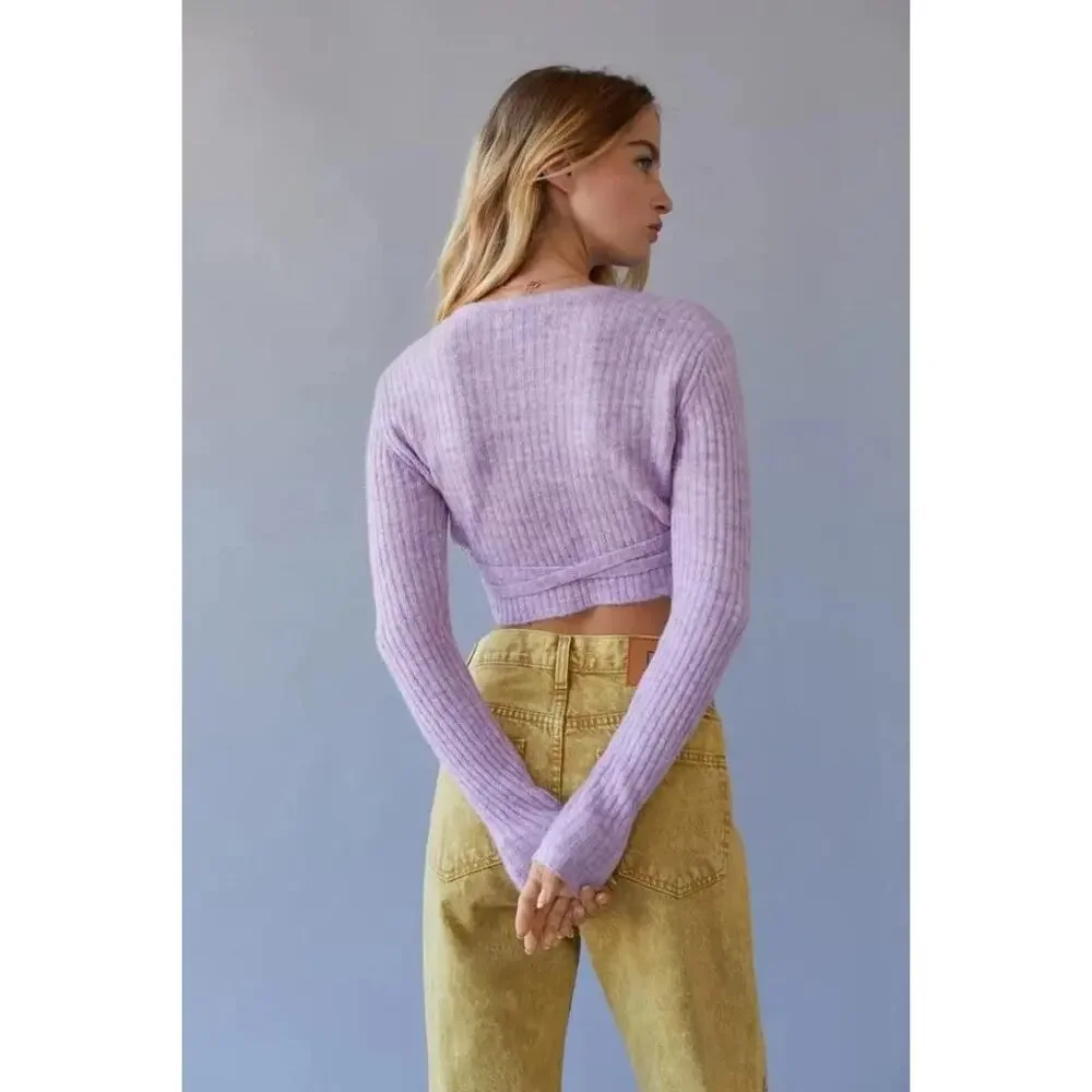 NWT Urban Outfitters Bibi Wrap Sweater Top Size Small Purple Knit Crop Ballerina